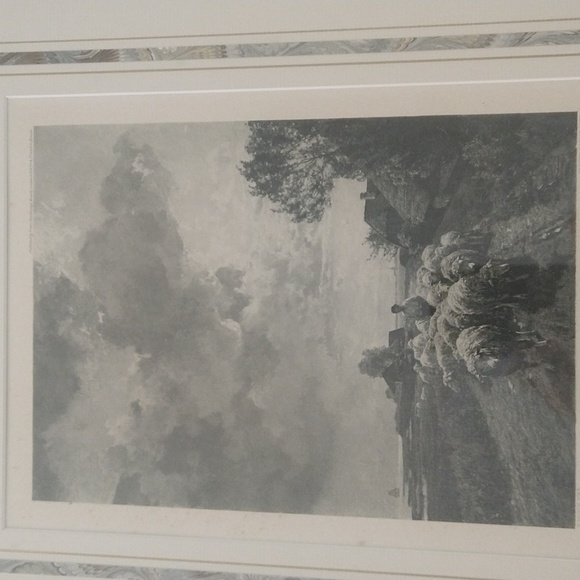 Antique framed lithograph gravure German pastoral print sheep Hanfstaengi 15x 19 - Picture 2 of 8